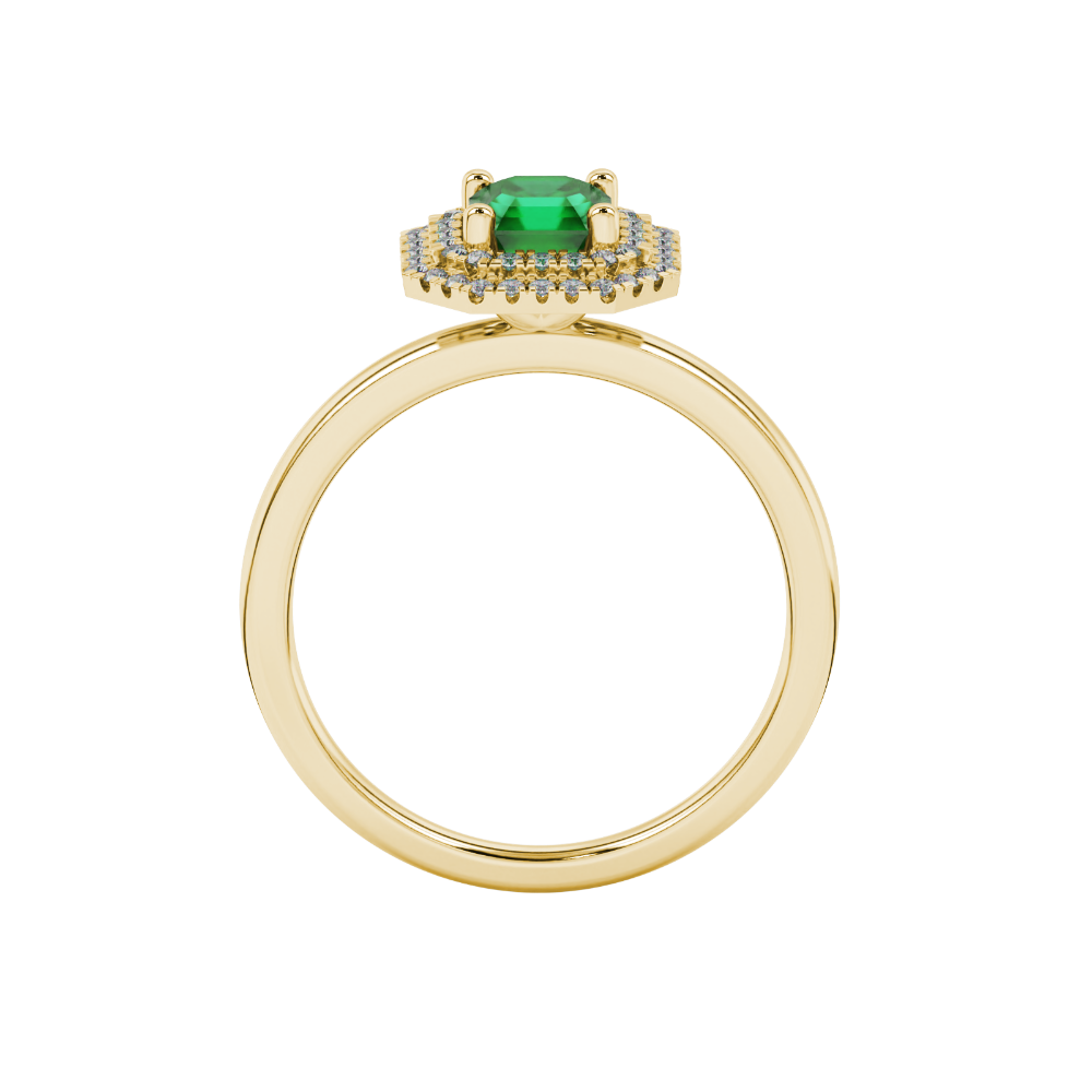 Asscher cut halo gemstone ring in gold featuring a 5.00 MM center gemstone surrounded by a double halo of round diamonds