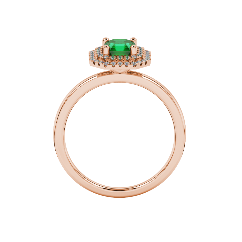 Asscher cut halo gemstone ring in gold featuring a 5.00 MM center gemstone surrounded by a double halo of round diamonds