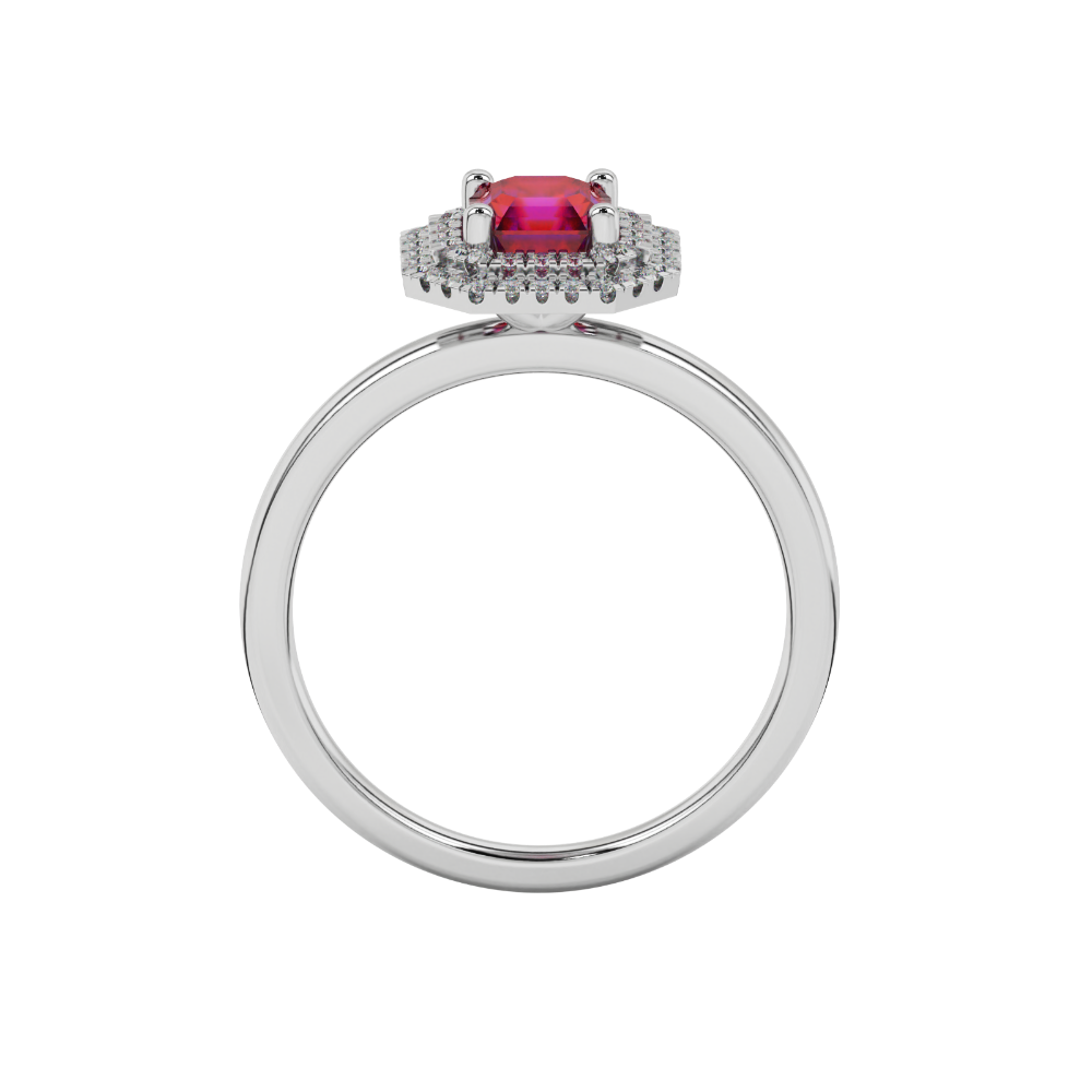 Asscher cut halo gemstone ring in gold featuring a 5.00 MM center gemstone surrounded by a double halo of round diamonds