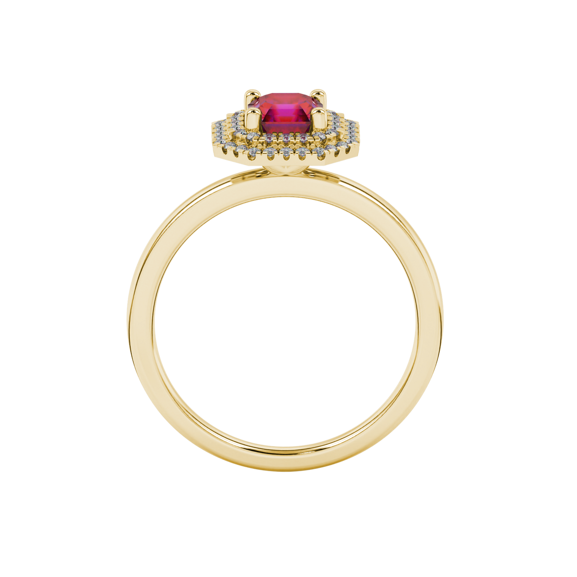 Asscher cut halo gemstone ring in gold featuring a 5.00 MM center gemstone surrounded by a double halo of round diamonds