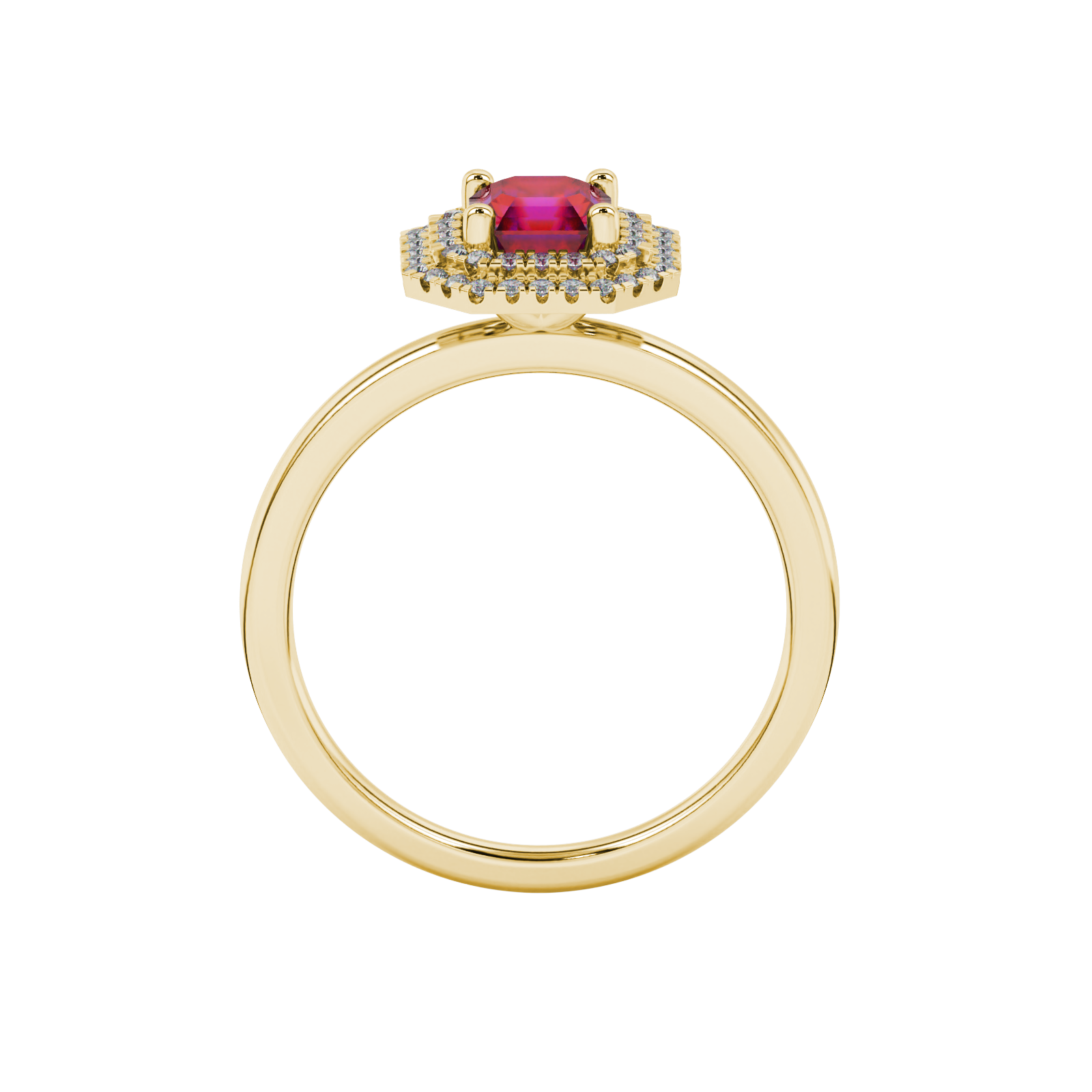 Asscher cut halo gemstone ring in gold featuring a 5.00 MM center gemstone surrounded by a double halo of round diamonds