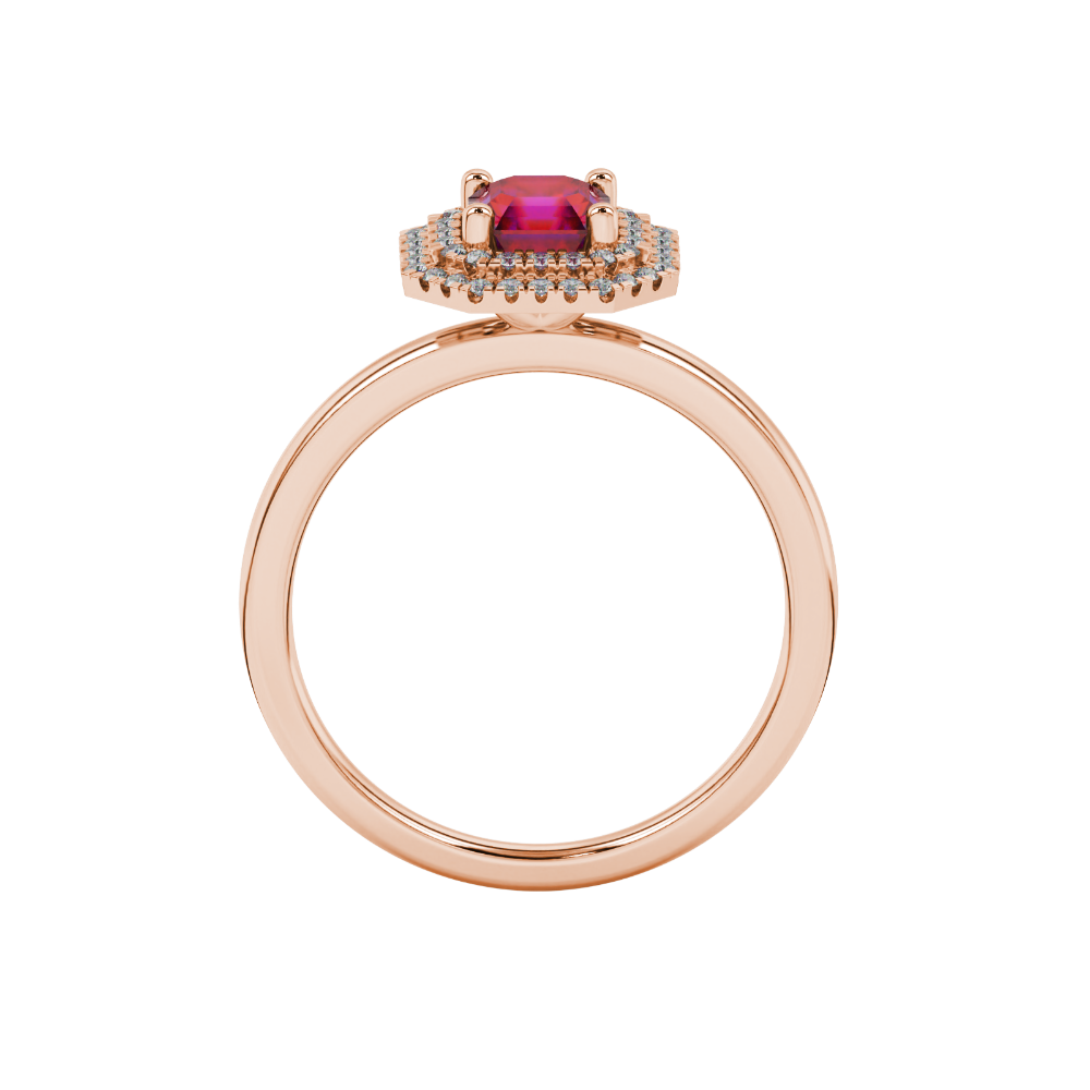 Asscher cut halo gemstone ring in gold featuring a 5.00 MM center gemstone surrounded by a double halo of round diamonds