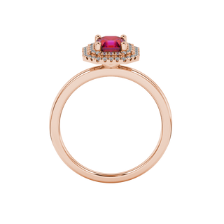 raspberry red asscher double halo gemstone ring in rose gold