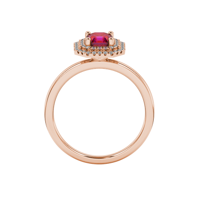 raspberry red asscher double halo gemstone ring in rose gold