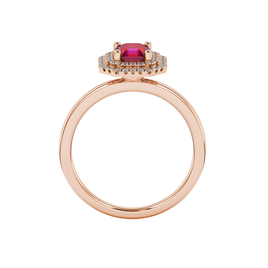 raspberry red asscher double halo gemstone ring in rose gold