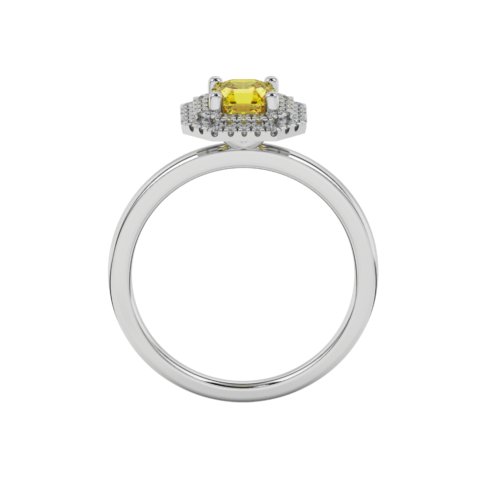 Asscher cut halo gemstone ring in gold featuring a 5.00 MM center gemstone surrounded by a double halo of round diamonds