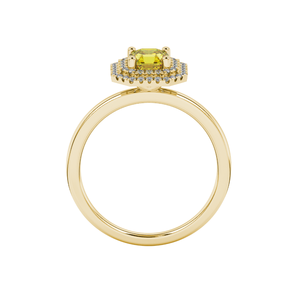 Asscher cut halo gemstone ring in gold featuring a 5.00 MM center gemstone surrounded by a double halo of round diamonds