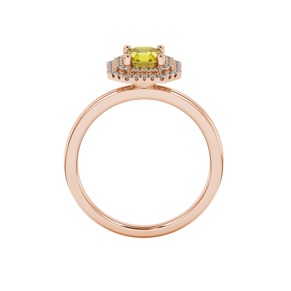 Asscher cut halo gemstone ring in gold featuring a 5.00 MM center gemstone surrounded by a double halo of round diamonds