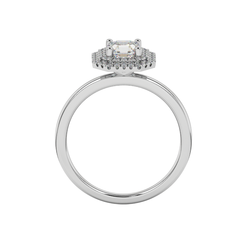 Asscher cut halo gemstone ring in gold featuring a 5.00 MM center gemstone surrounded by a double halo of round diamonds