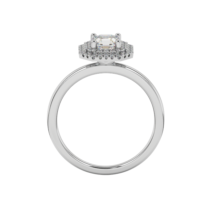 Asscher cut halo gemstone ring in gold featuring a 5.00 MM center gemstone surrounded by a double halo of round diamonds