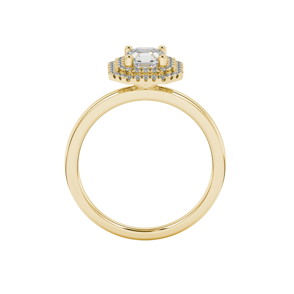 Asscher cut halo gemstone ring in gold featuring a 5.00 MM center gemstone surrounded by a double halo of round diamonds