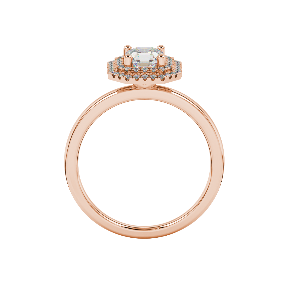 Asscher cut halo gemstone ring in gold featuring a 5.00 MM center gemstone surrounded by a double halo of round diamonds