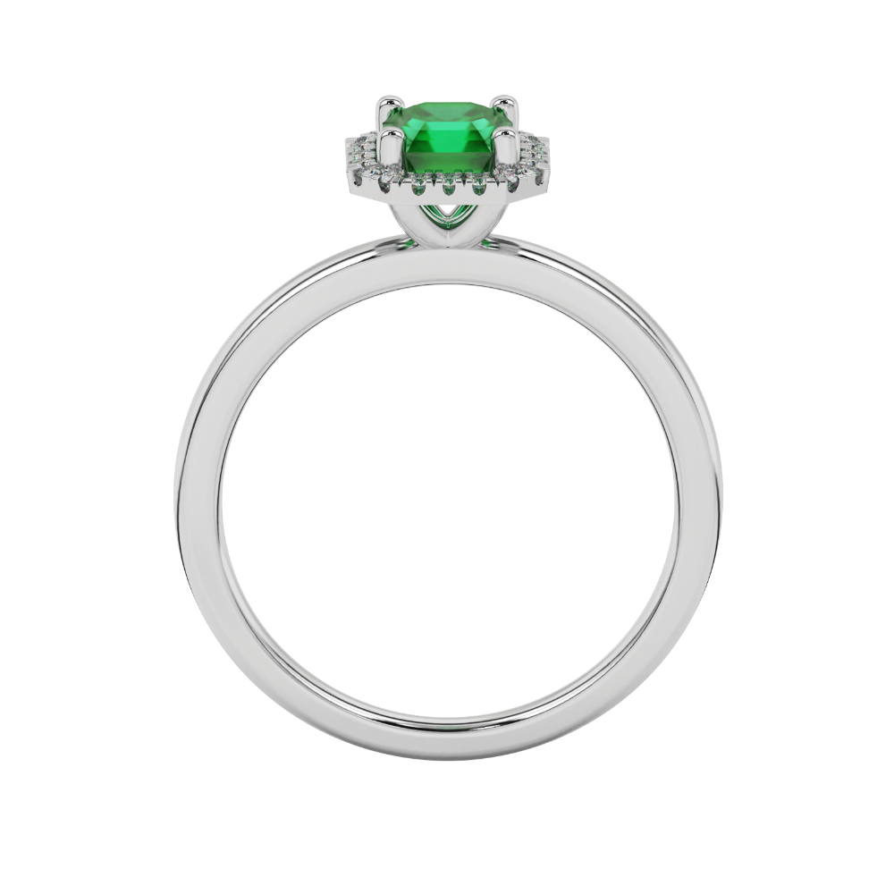 Asscher cut halo gemstone ring in gold featuring a 5.00 MM center gemstone surrounded by round diamond accents