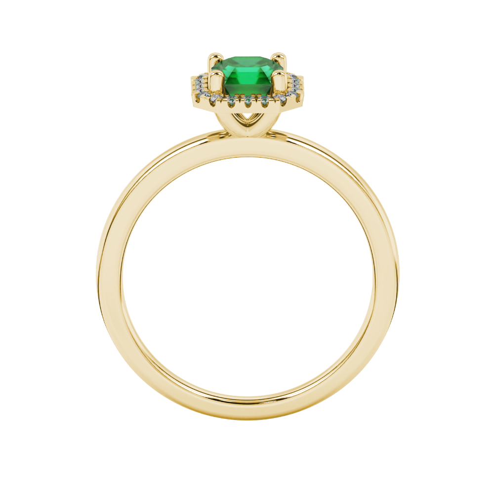 Asscher cut halo gemstone ring in gold featuring a 5.00 MM center gemstone surrounded by round diamond accents