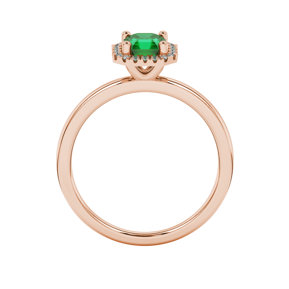 Asscher cut halo gemstone ring in gold featuring a 5.00 MM center gemstone surrounded by round diamond accents