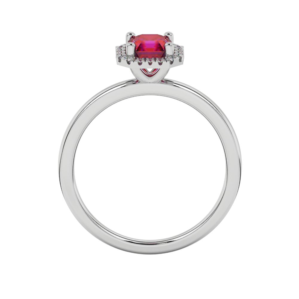 Asscher cut halo gemstone ring in gold featuring a 5.00 MM center gemstone surrounded by round diamond accents