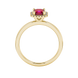 Asscher cut halo gemstone ring in gold featuring a 5.00 MM center gemstone surrounded by round diamond accents
