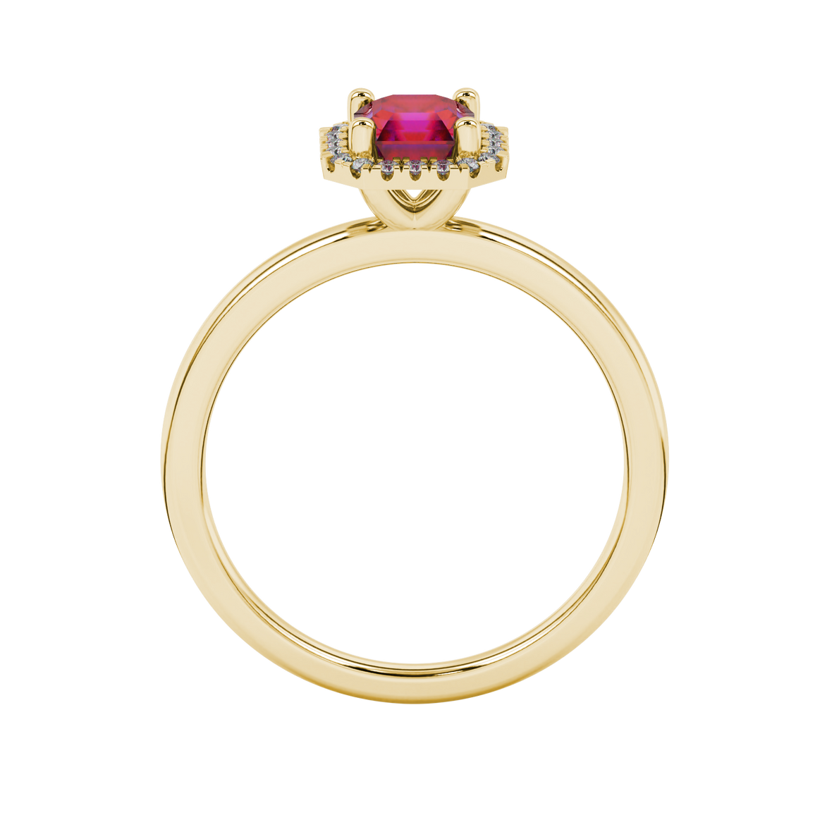Asscher cut halo gemstone ring in gold featuring a 5.00 MM center gemstone surrounded by round diamond accents