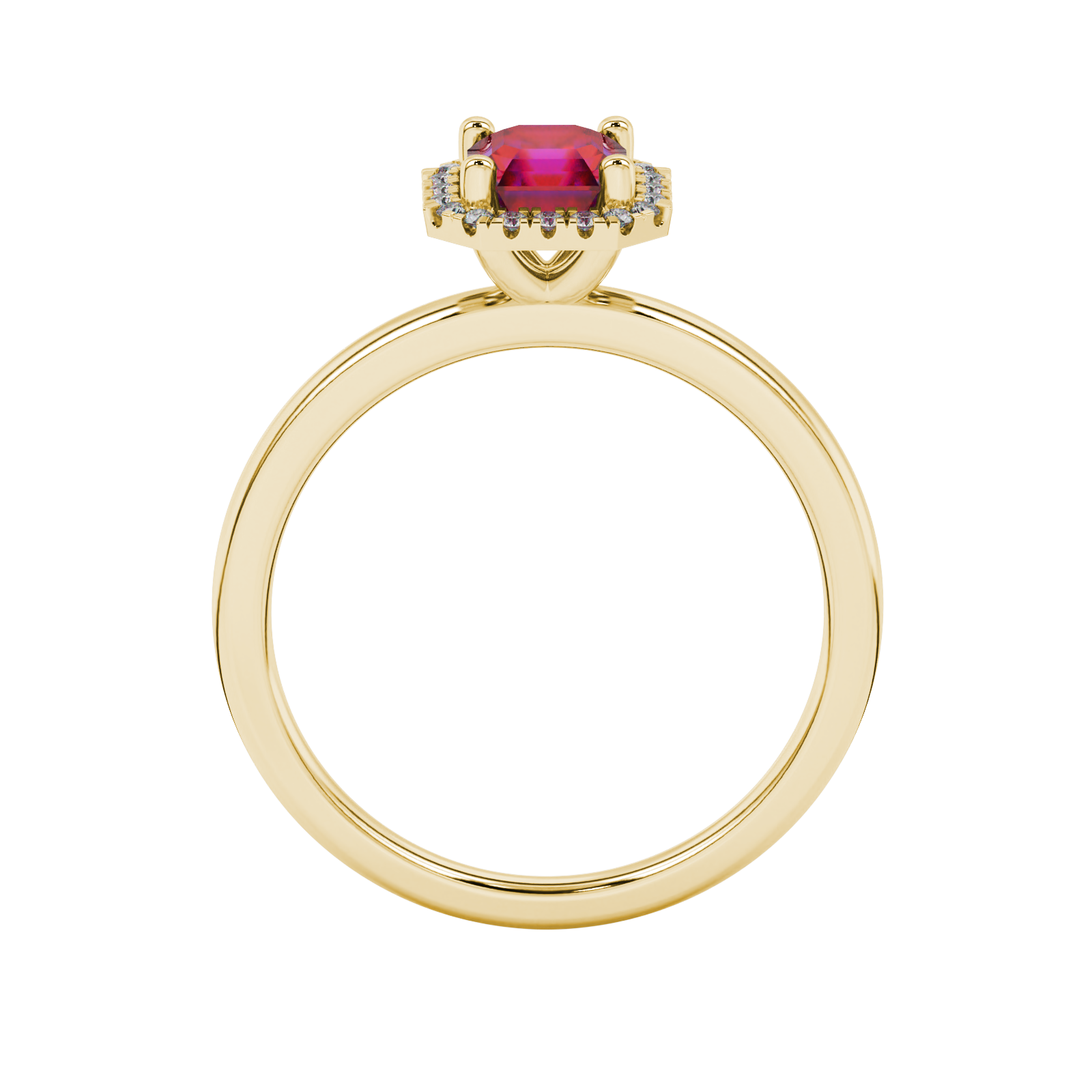 Asscher cut halo gemstone ring in gold featuring a 5.00 MM center gemstone surrounded by round diamond accents