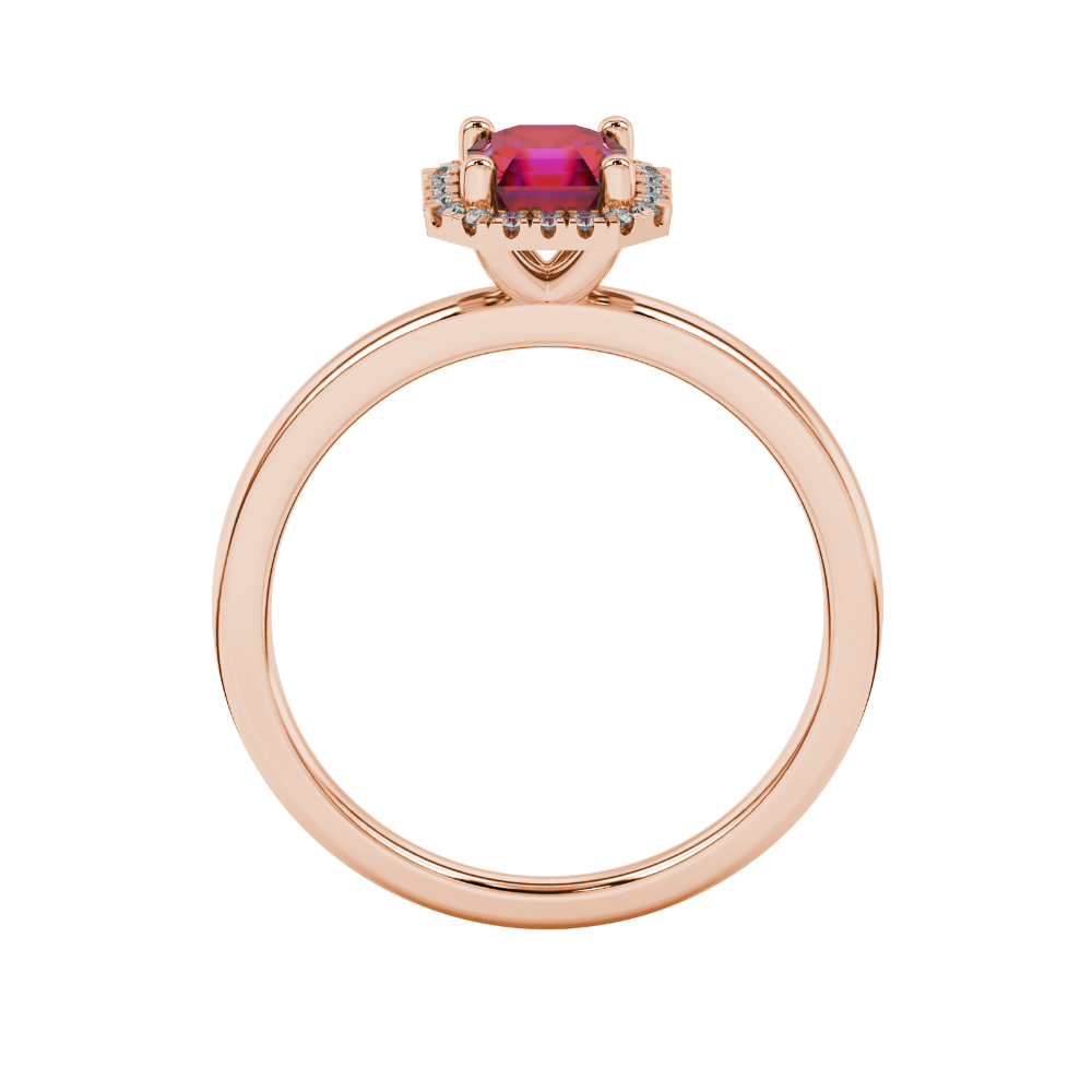 Asscher cut halo gemstone ring in gold featuring a 5.00 MM center gemstone surrounded by round diamond accents