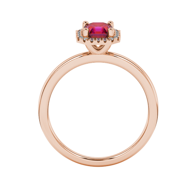raspberry red asscher halo gemstone ring in rose gold