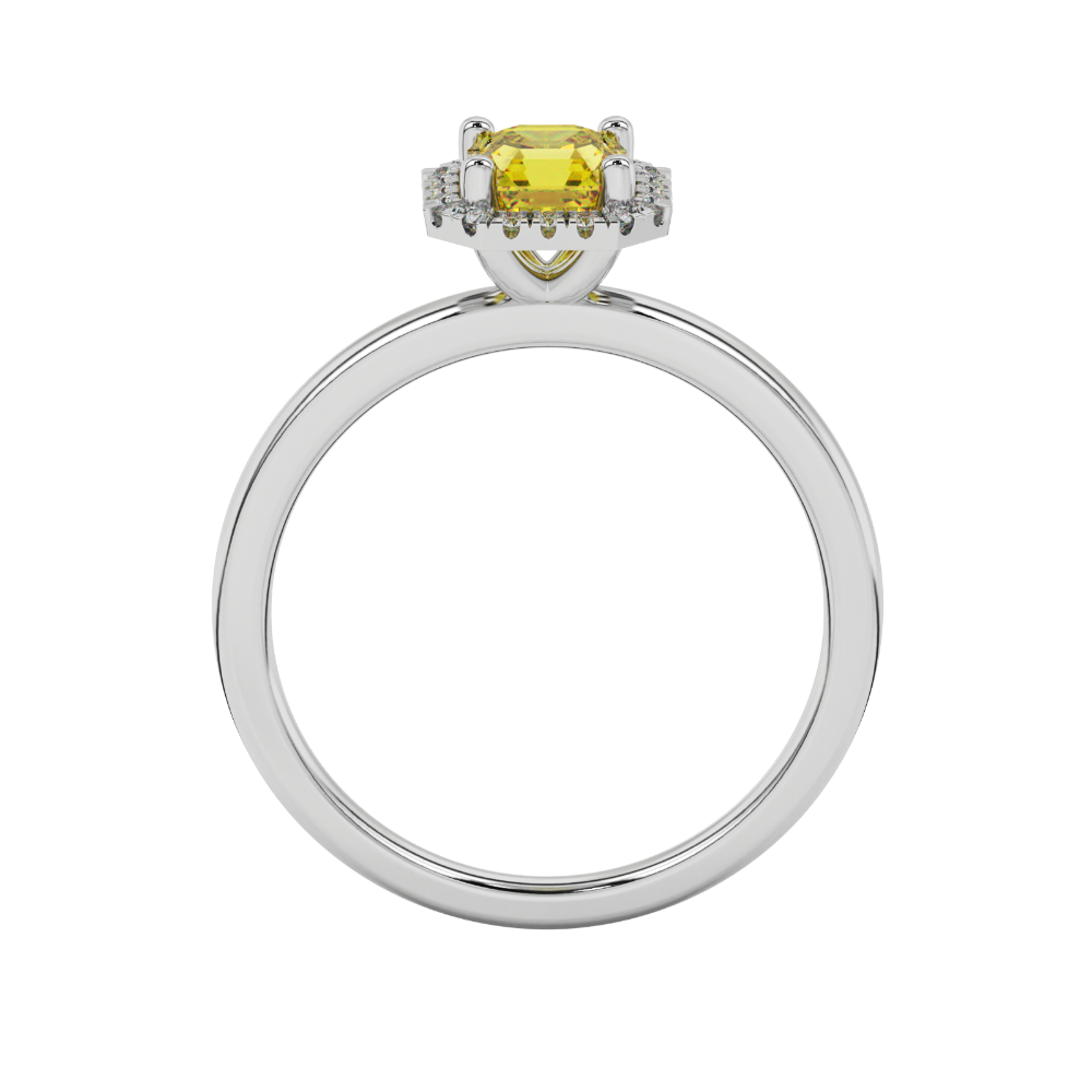Asscher cut halo gemstone ring in gold featuring a 5.00 MM center gemstone surrounded by round diamond accents