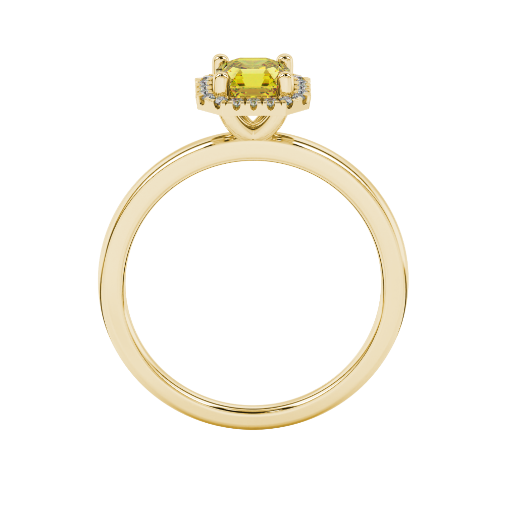 Asscher cut halo gemstone ring in gold featuring a 5.00 MM center gemstone surrounded by round diamond accents
