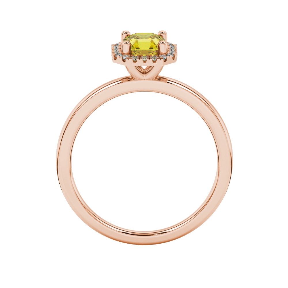 Asscher cut halo gemstone ring in gold featuring a 5.00 MM center gemstone surrounded by round diamond accents