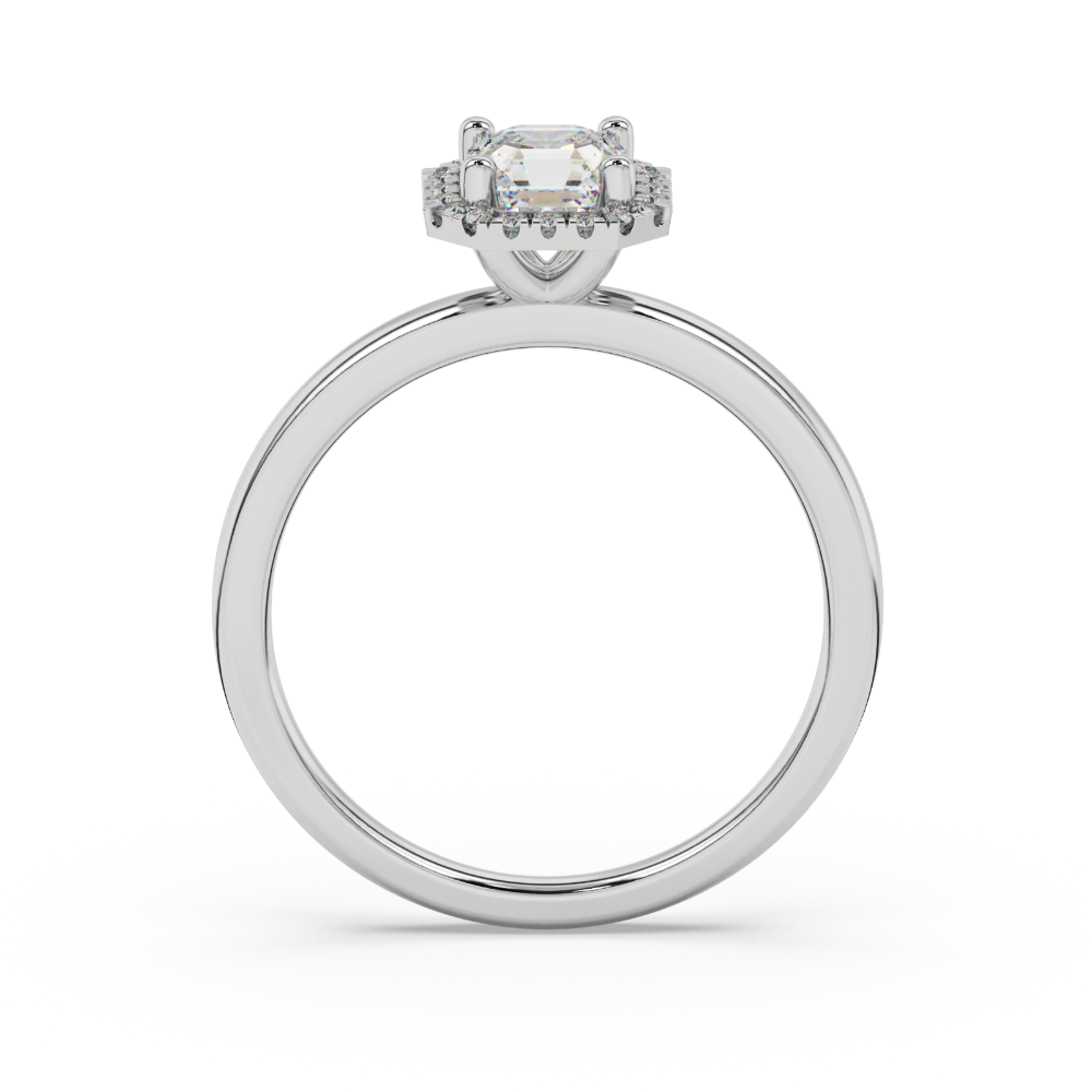 Asscher cut halo gemstone ring in gold featuring a 5.00 MM center gemstone surrounded by round diamond accents