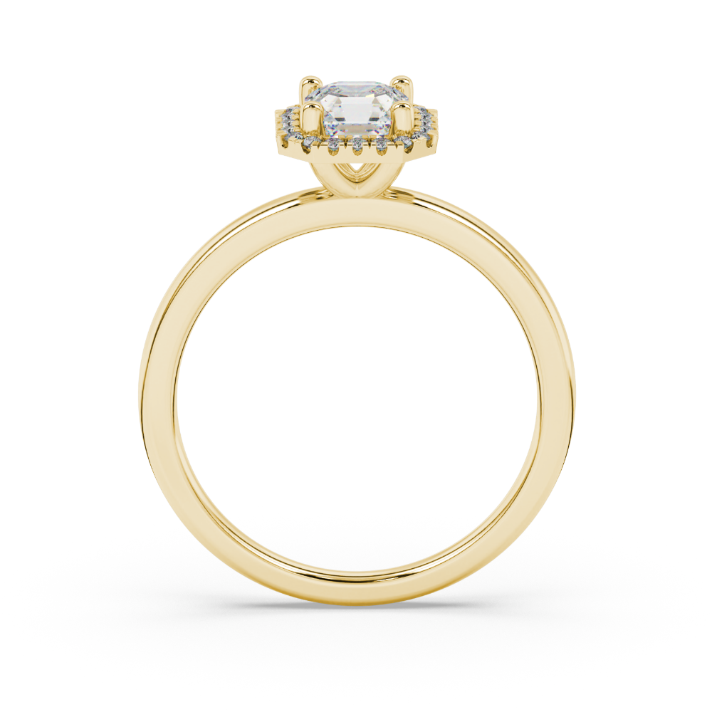 Asscher cut halo gemstone ring in gold featuring a 5.00 MM center gemstone surrounded by round diamond accents