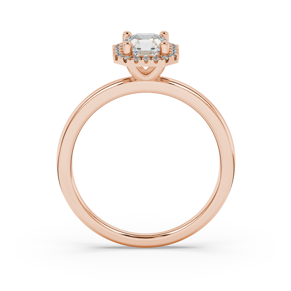 Asscher cut halo gemstone ring in gold featuring a 5.00 MM center gemstone surrounded by round diamond accents