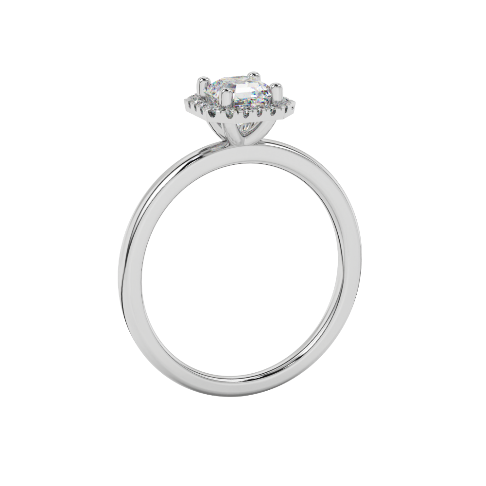 Asscher cut halo gemstone ring in gold featuring a 5.00 MM center gemstone surrounded by round diamond accents