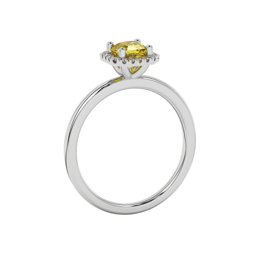 Asscher cut halo gemstone ring in gold featuring a 5.00 MM center gemstone surrounded by round diamond accents