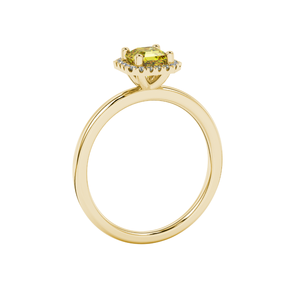 Asscher cut halo gemstone ring in gold featuring a 5.00 MM center gemstone surrounded by round diamond accents