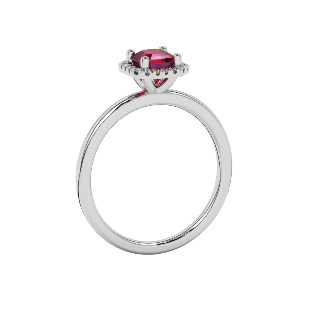Asscher cut halo gemstone ring in gold featuring a 5.00 MM center gemstone surrounded by round diamond accents