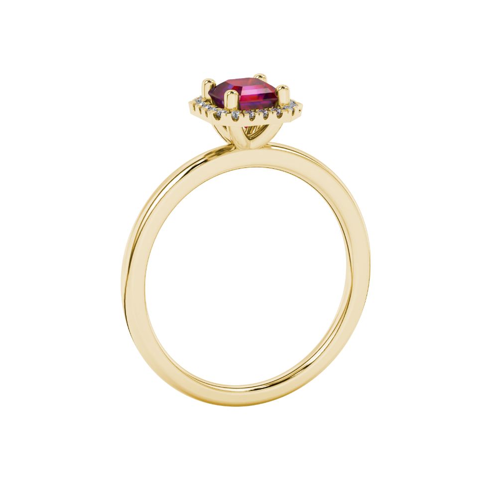 Asscher cut halo gemstone ring in gold featuring a 5.00 MM center gemstone surrounded by round diamond accents