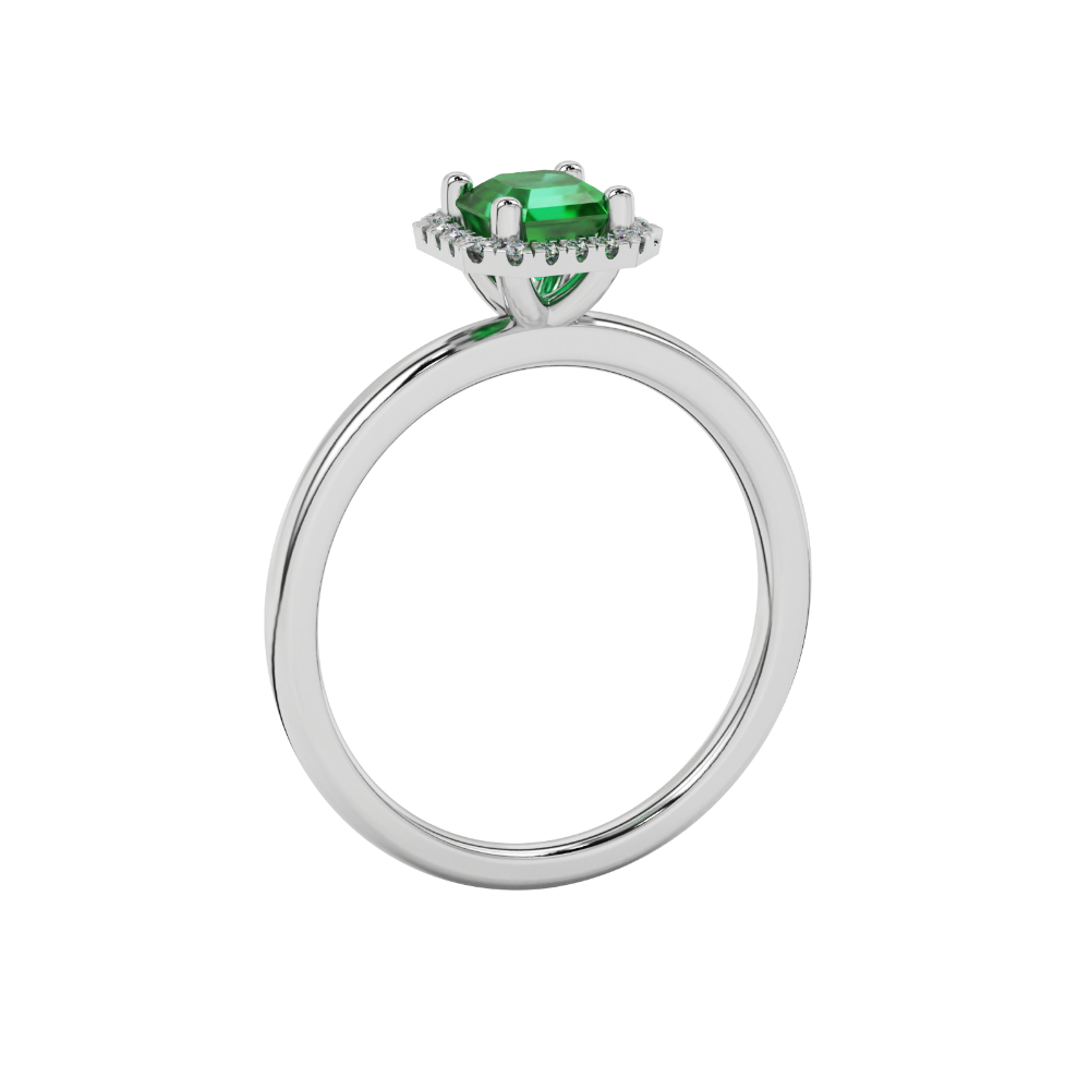 Asscher cut halo gemstone ring in gold featuring a 5.00 MM center gemstone surrounded by round diamond accents