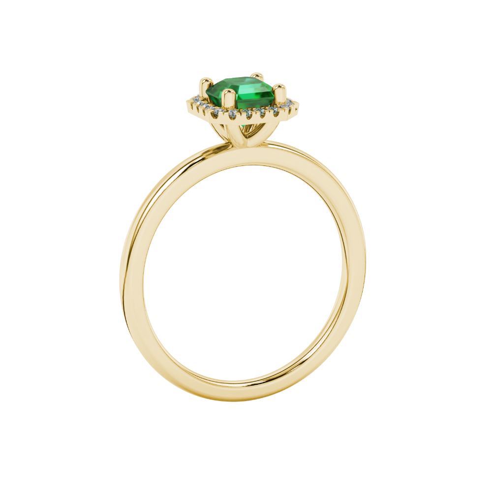 Asscher cut halo gemstone ring in gold featuring a 5.00 MM center gemstone surrounded by round diamond accents