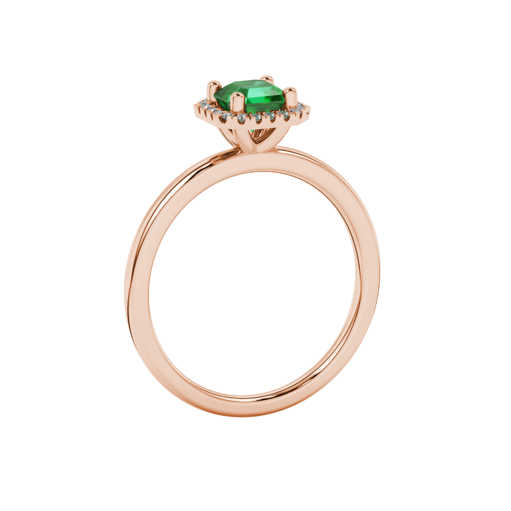 Asscher cut halo gemstone ring in gold featuring a 5.00 MM center gemstone surrounded by round diamond accents