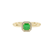 Asscher cut halo gemstone ring in gold featuring a 5.00 MM center gemstone surrounded by round diamond accents