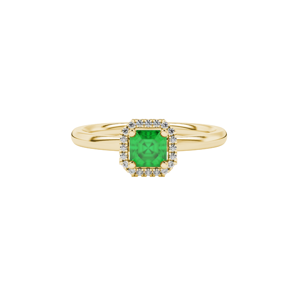 Asscher cut halo gemstone ring in gold featuring a 5.00 MM center gemstone surrounded by round diamond accents