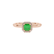 Asscher cut halo gemstone ring in gold featuring a 5.00 MM center gemstone surrounded by round diamond accents