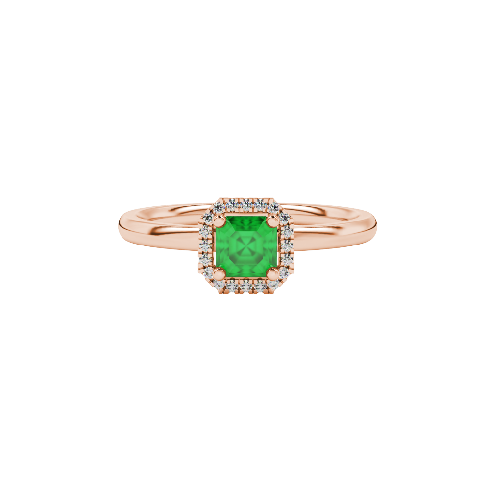 Asscher cut halo gemstone ring in gold featuring a 5.00 MM center gemstone surrounded by round diamond accents