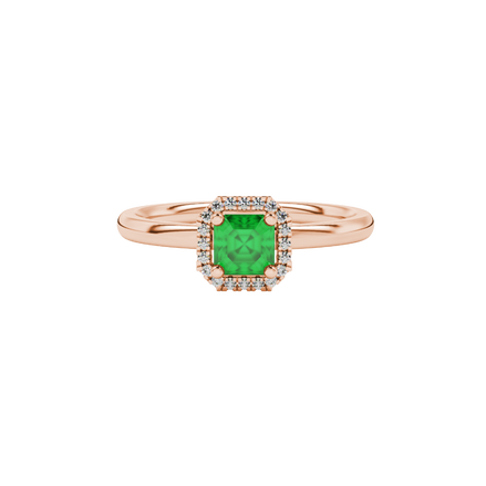 Asscher cut halo gemstone ring in gold featuring a 5.00 MM center gemstone surrounded by round diamond accents