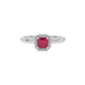 Asscher cut halo gemstone ring in gold featuring a 5.00 MM center gemstone surrounded by round diamond accents