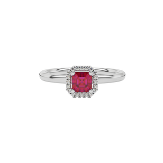raspberry red asscher halo gemstone ring in white gold