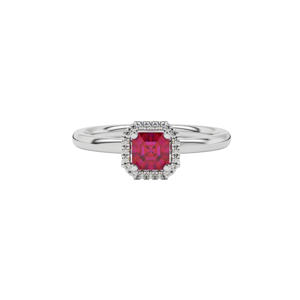 Asscher cut halo gemstone ring in gold featuring a 5.00 MM center gemstone surrounded by round diamond accents