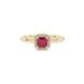 Asscher cut halo gemstone ring in gold featuring a 5.00 MM center gemstone surrounded by round diamond accents