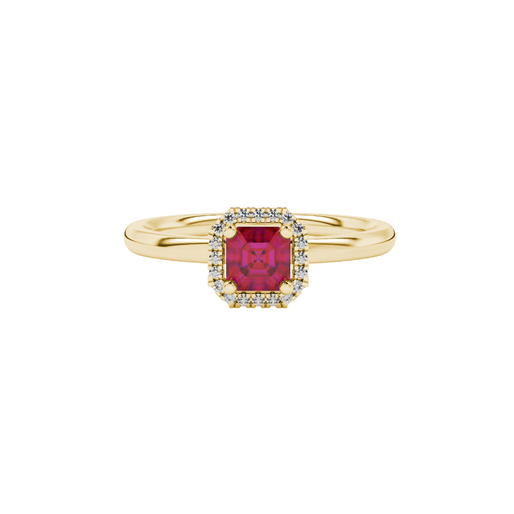 Asscher cut halo gemstone ring in gold featuring a 5.00 MM center gemstone surrounded by round diamond accents