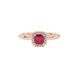 Asscher cut halo gemstone ring in gold featuring a 5.00 MM center gemstone surrounded by round diamond accents